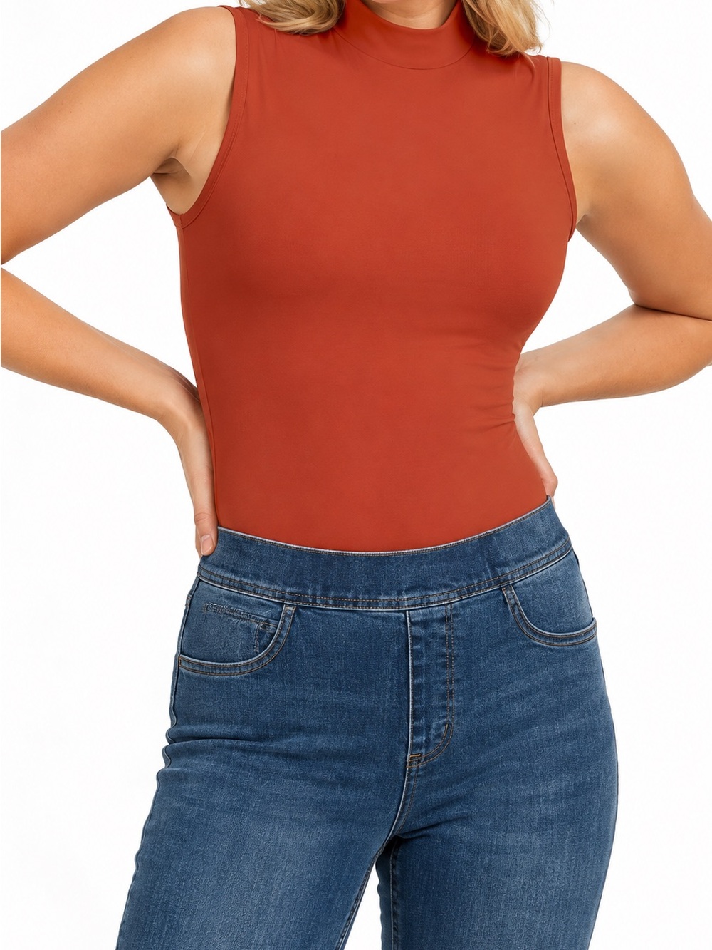 Spanx Suit Yourself Ribbed Sleeveless Smoother Mock Neck Bodysuit in Burnt Rust